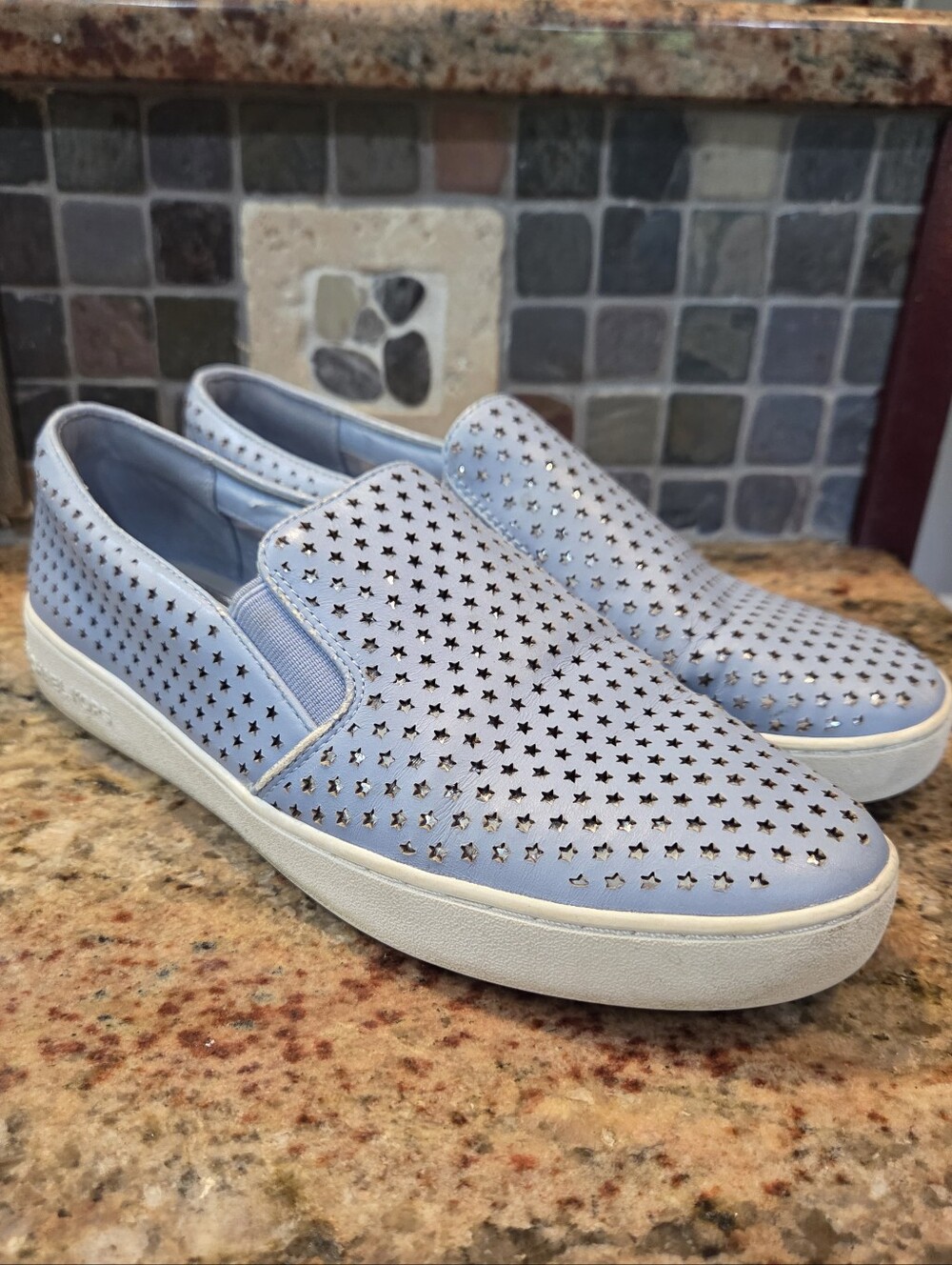 Slate Blue Star Pattern Punched Leather Deck Shoes By Michael Kors Sz 8 Slip On